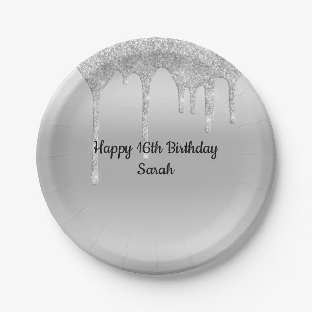 Dripping Glitter Silver Personalised Birthday  Paper Plate (Front)