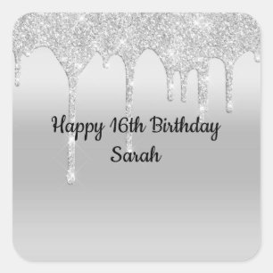 Dripping Glitter Silver Personalised Birthday  Square Sticker
