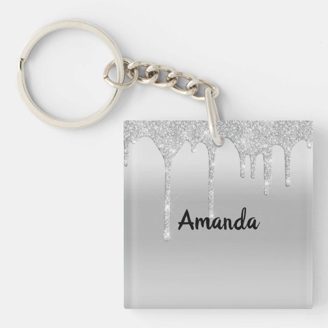 Dripping Glitter Silver Personalised Key Chain (Front)
