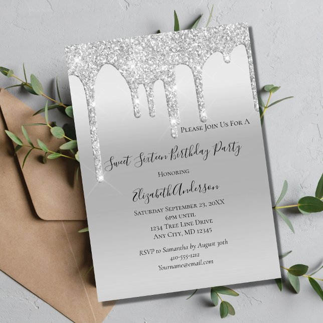 Dripping Glitter Silver Sweet Sixteen Birthday Invitation (Creator Uploaded)