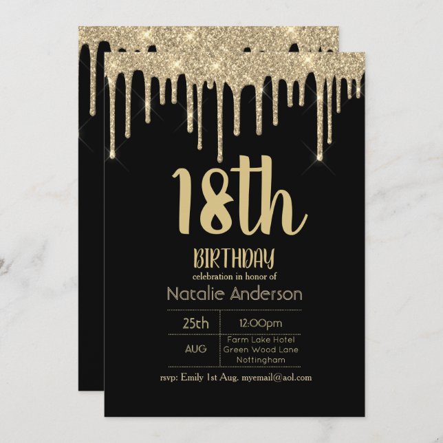 Dripping Glitter Typography 18th Girls Modern Invitation (Front/Back)