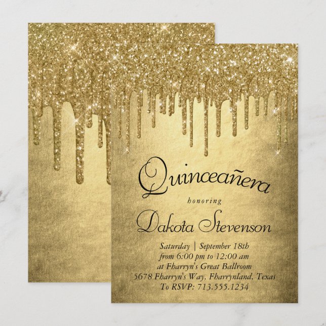 Dripping Gold Glitter | Champagne Melt Quinceanera Invitation (Front/Back)
