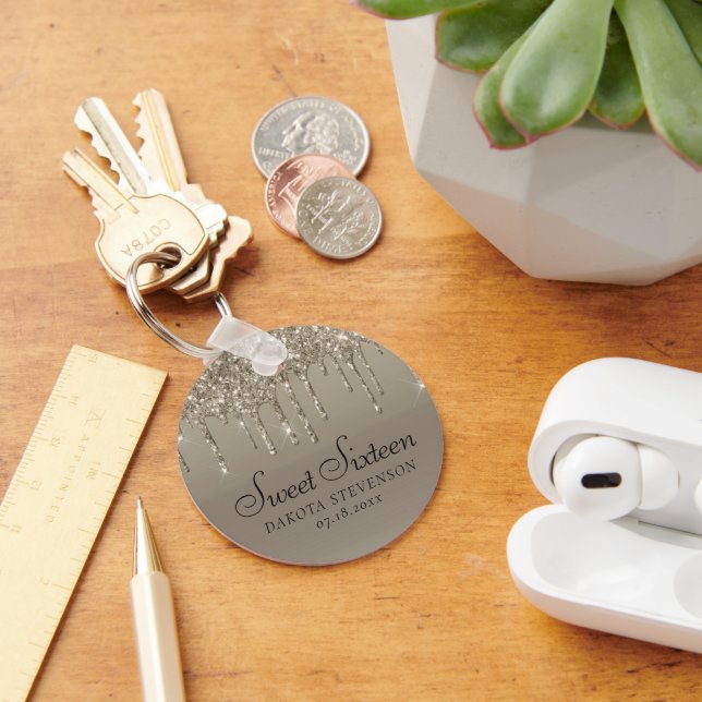 Dripping Gold Glitter | Champagne Sweet Sixteen Key Ring (Desk)