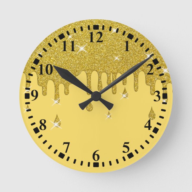 Dripping Gold Glitter Effect & Sparkles Round Clock (Front)