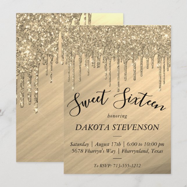 Dripping Gold Glitter | Elegant Melt Sweet Sixteen Invitation (Front/Back)