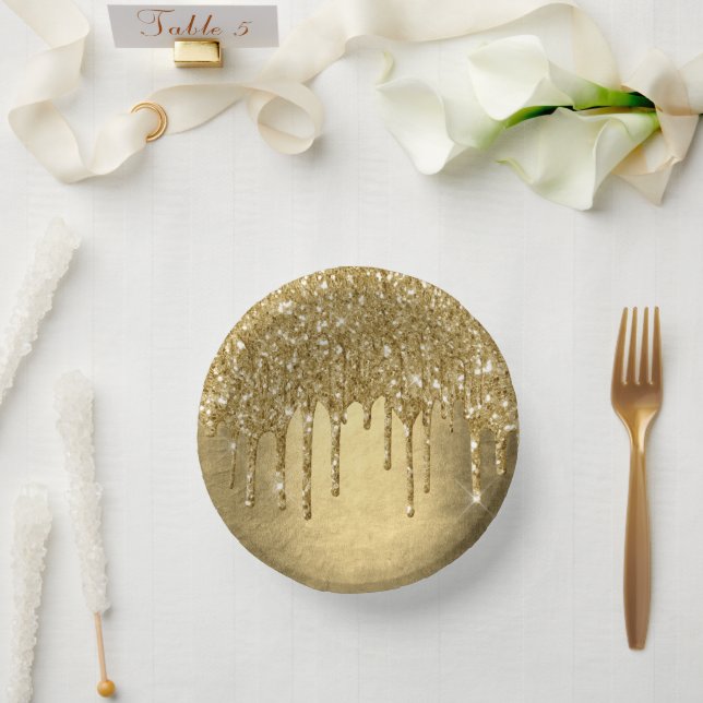 Dripping Gold Glitter | Luxe Faux Metallic Sparkle Paper Plate (Wedding)