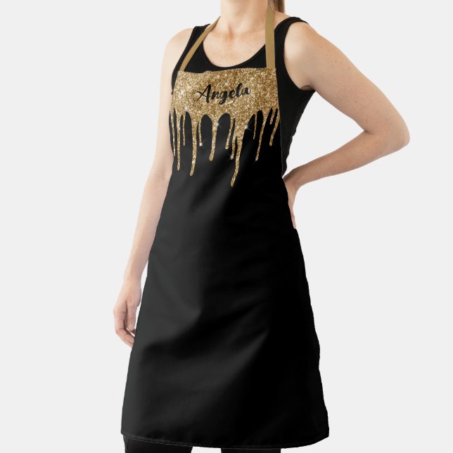 Dripping Gold Glitter Personalised Black L Apron (Insitu)