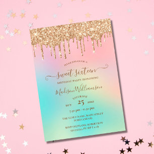 Dripping Gold Glitter & Rainbow Sweet 16 Birthday  Invitation