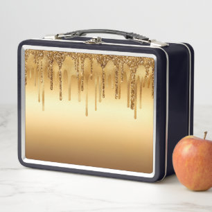 Dripping Gold Paint Glitter Accents Sparkly Metal Lunch Box