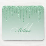 dripping green glitter mouse mat<br><div class="desc">girly glam green glitter drips and monogram elegant text. The text features can be customized.</div>