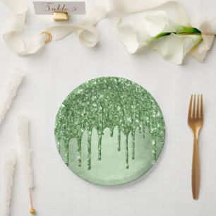 Dripping Green Glitter   Neo-Mint Sage Faux Melt Paper Plate