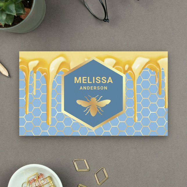 Dripping Honey Blue Gold Honeycomb Honey Bee Business Card (Creator Uploaded)