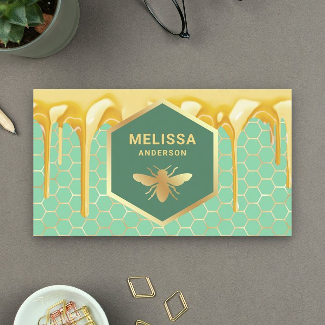 Dripping Honey Mint Green Gold Honeycomb Honey Bee Business Card (Creator Uploaded)