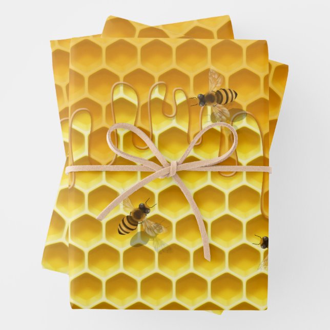 Dripping Honeycomb & Flying Honeybees Wrapping Paper Sheet (In situ)