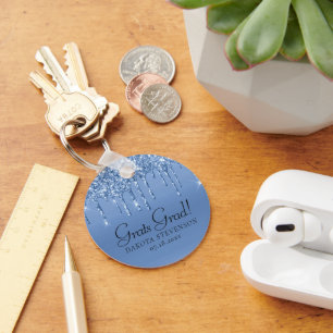 Dripping Ice Blue Glitter Glam Graduation Key Ring