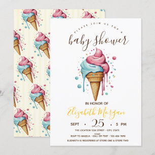 Dripping Ice creams,Yellow Stripes Baby Shower Invitation