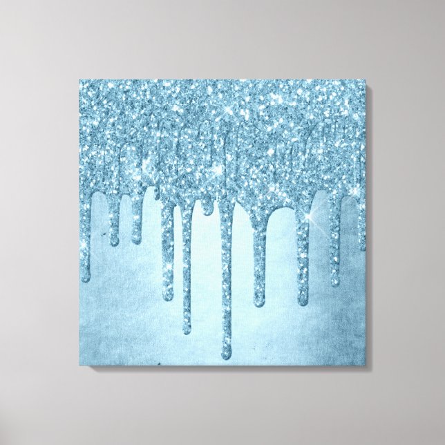 Dripping Ice Glitter | Blue Faux Sparkle Metallic Canvas Print (Front)