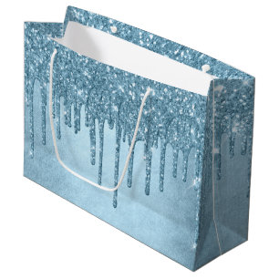 Dripping Ice Glitter   Blue Faux Sparkle Metallic Large Gift Bag