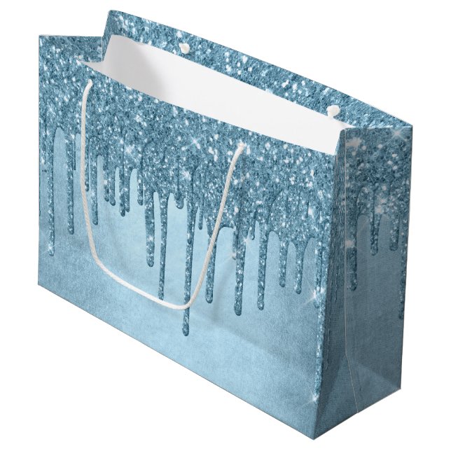 Dripping Ice Glitter | Blue Faux Sparkle Metallic Large Gift Bag (Front Angled)
