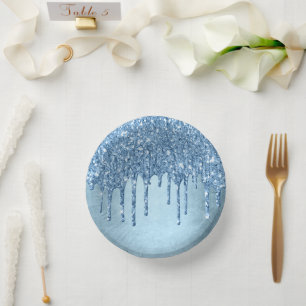 Dripping Ice Glitter Blue Faux Sparkle Metallic Paper Plate