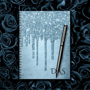 Dripping Ice Glitter Blue Faux Sparkle Monogram Notebook
