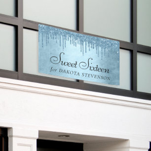 Dripping Ice Glitter Blue Faux Sparkle Sweet 16 Banner