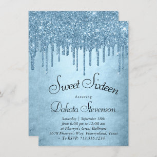 Dripping Ice Glitter   Blue Faux Sparkle Sweet 16 Invitation