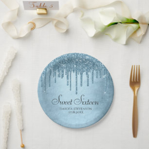 Dripping Ice Glitter   Blue Faux Sparkle Sweet 16 Paper Plate