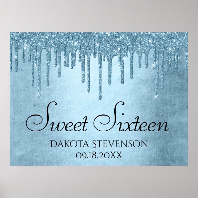 Dripping Ice Glitter | Blue Faux Sparkle Sweet 16 Poster (Front)