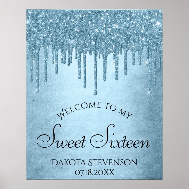 Dripping Ice Glitter | Blue Faux Sparkle Sweet 16 Poster (Front)