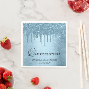 Dripping Ice Glitter Blue Sparkle Quinceanera Napkin