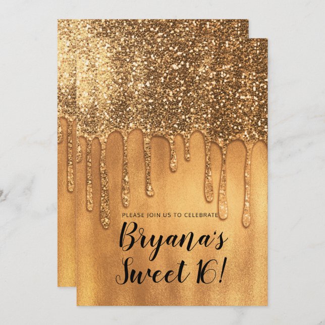 Dripping in Gold Honey Glitter Sweet 16 Party Invitation (Front/Back)