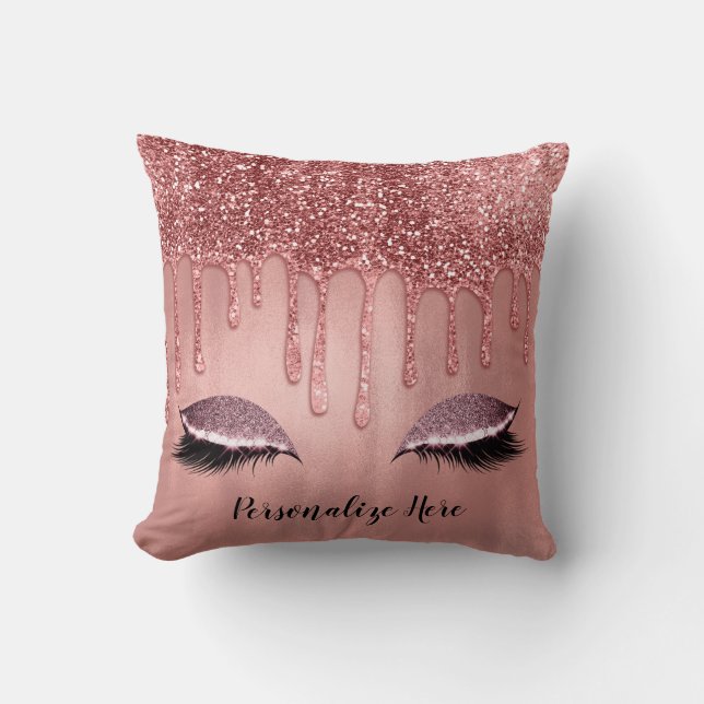Dripping in Rose Gold Glitter Pink Drips Lashes Cushion (Front)