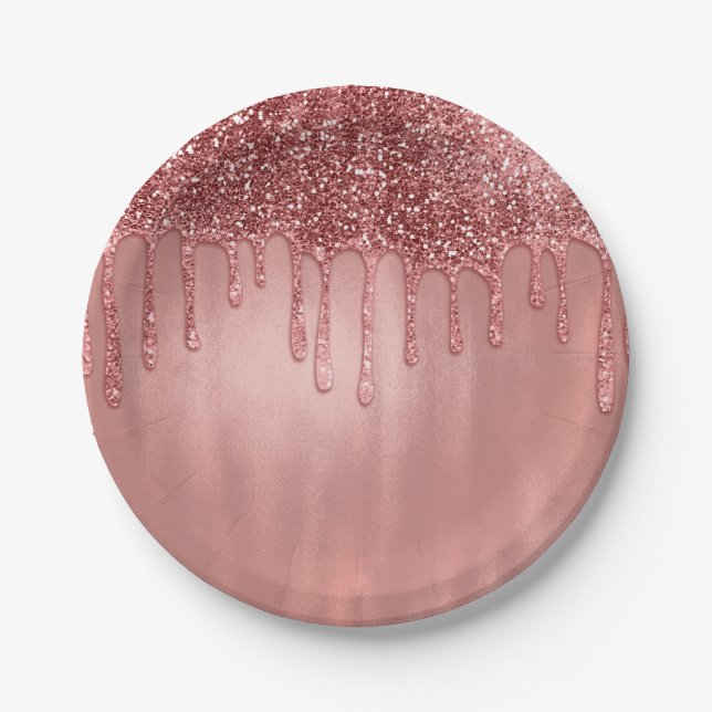 Dripping in Rose Gold Glitter Pretty Pink Drips Paper Plate (Front)