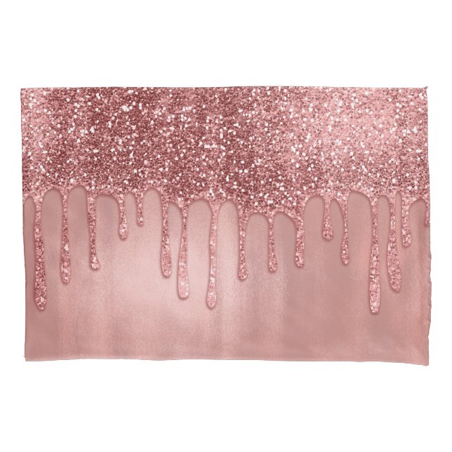 Dripping in Rose Gold Glitter Pretty Pink Drips Pillowcase (Front)