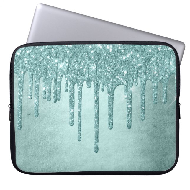 Dripping Luxe Glitter | Mint Teal Melting Pour Laptop Sleeve (Front)
