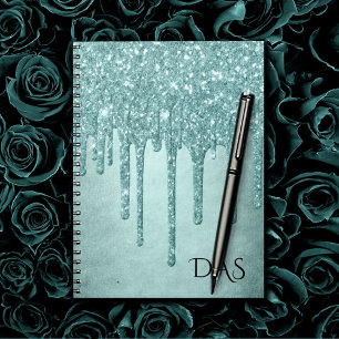 Dripping Luxe Glitter   Mint Teal Pour Monogram Notebook
