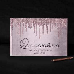Dripping Mauve Glitter Dusty Pink Quinceanera Guest Book