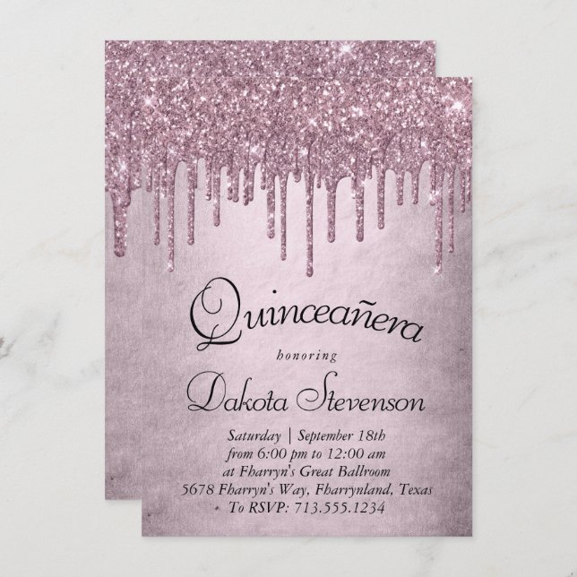 Dripping Mauve Glitter | Dusty Pink Quinceanera Invitation (Front/Back)