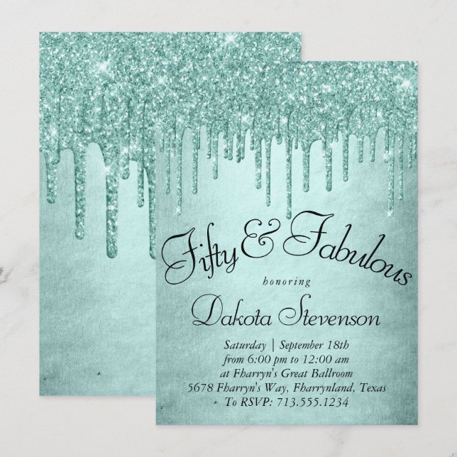 Dripping Mint Glitter | Aqua Teal 50 and Fabulous Invitation (Front/Back)