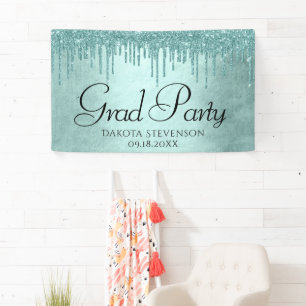 Dripping Mint Glitter   Aqua Teal Icing Graduation Banner