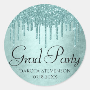 Dripping Mint Glitter   Aqua Teal Icing Graduation Classic Round Sticker