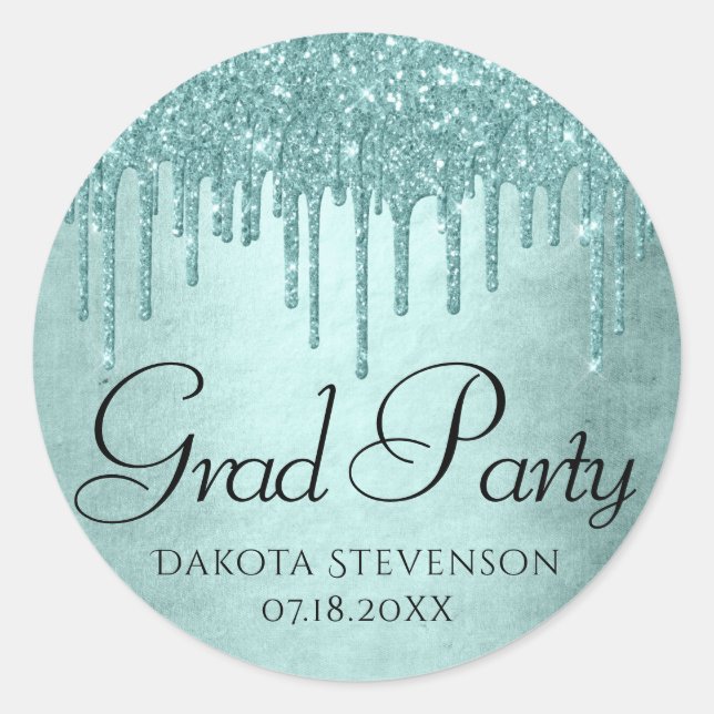 Dripping Mint Glitter | Aqua Teal Icing Graduation Classic Round Sticker (Front)