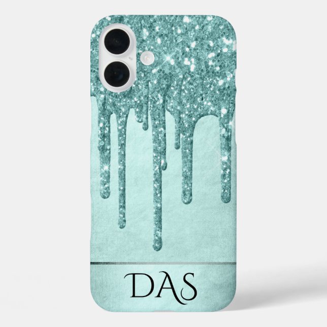 Dripping Mint Glitter | Aqua Teal Melting Monogram Case-Mate iPhone Case (Back)