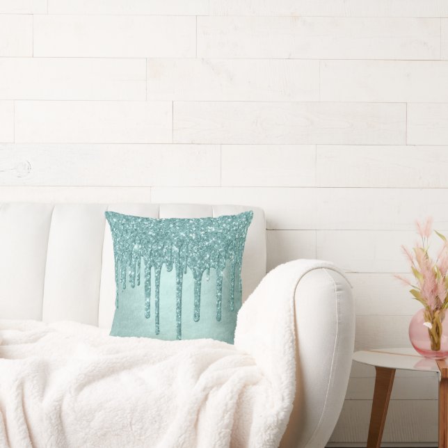 Dripping Mint Glitter | Aqua Teal Melting Pour Cushion (Couch)