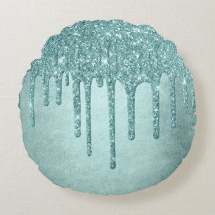 Dripping Mint Glitter   Aqua Teal Melting Pour Round Cushion