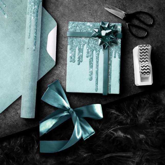 Dripping Mint Glitter | Aqua Teal Melting Pour Wrapping Paper (Creator Uploaded)