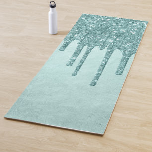 Dripping Mint Glitter   Aqua Teal Melting Pour Yoga Mat
