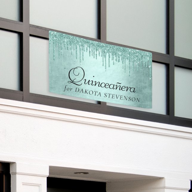 Dripping Mint Glitter | Aqua Teal Pour Quinceanera Banner (Outside Building)