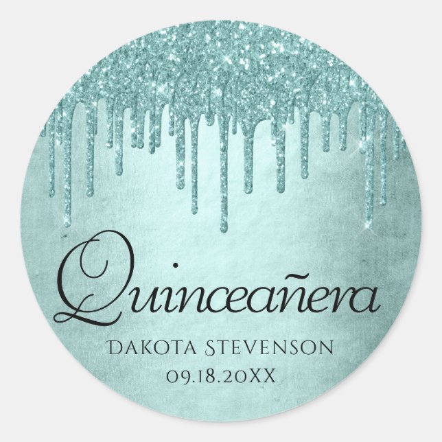 Dripping Mint Glitter | Aqua Teal Pour Quinceanera Classic Round Sticker (Front)
